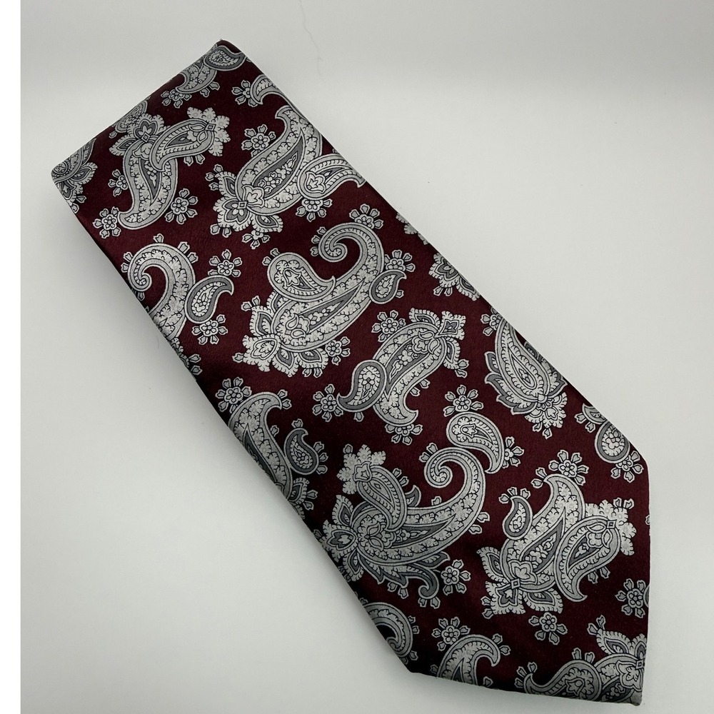 Oscar de la Renta Tie OS Burgundy Silver Paisley Silk Couture Dandy Luxury Retro